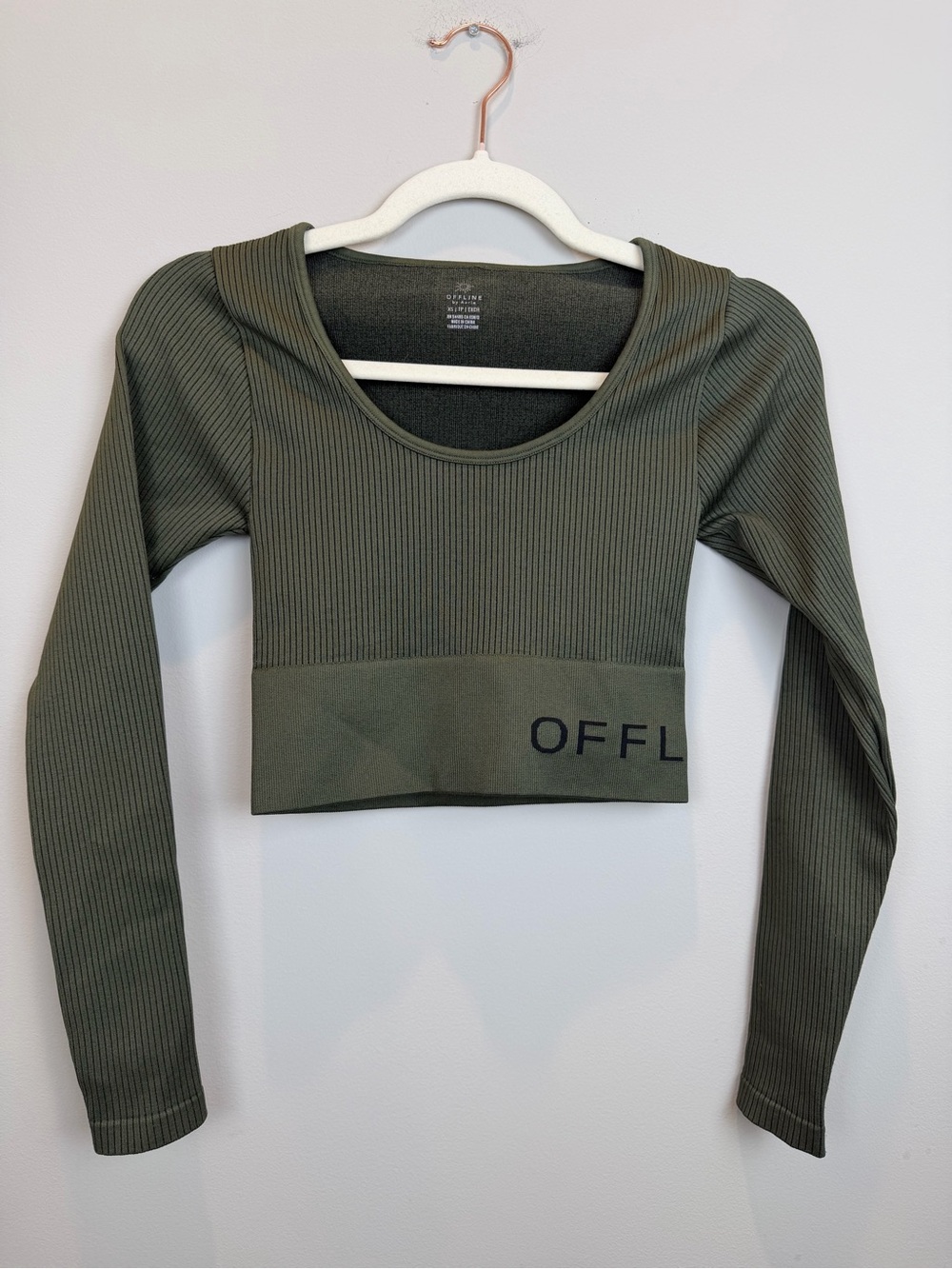 OFFLINE by Aerie Ribbed Cropped Long Sleeve Top XS Olive Green